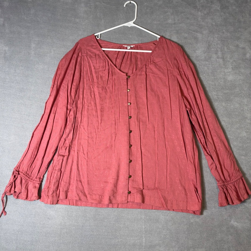 Sonoma Goods For Life Mauve Pink Dobby Button Front Ruffle Cuff Blouse Large NWT